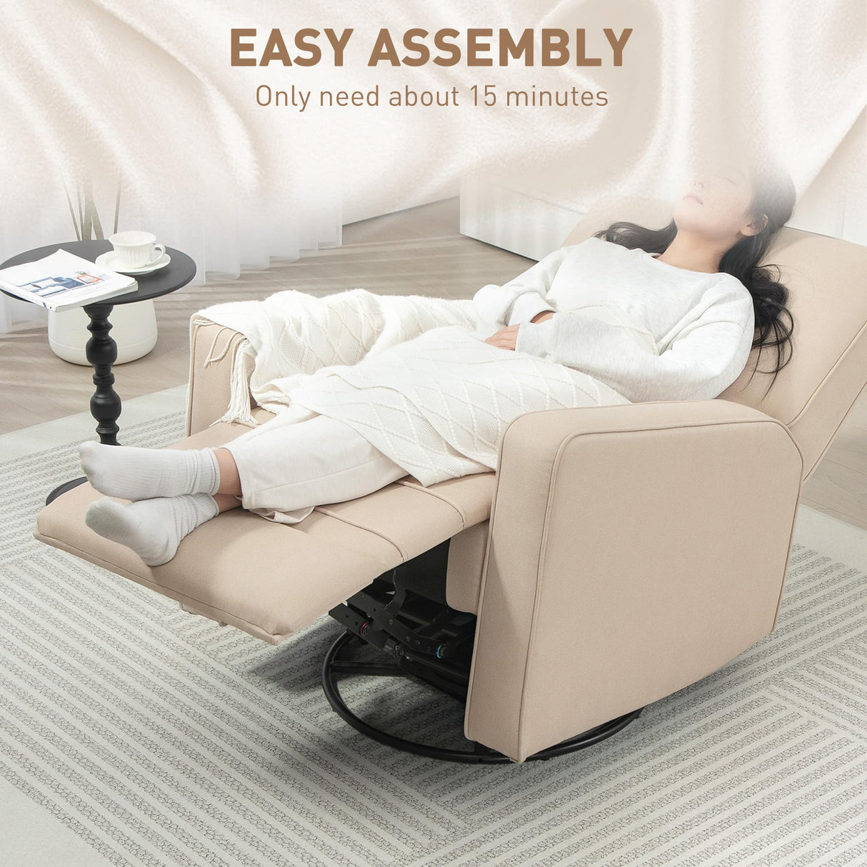 HOMCOM Manual Recliner Chair for Adults, Breathable Fabric Swivel Rocker Recliner with Thick Cushion and Footrest, Adjustable Single Sofa for Living Room, Beige HOMCOM