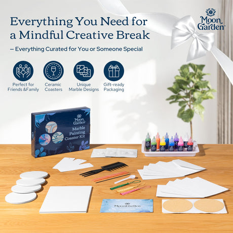 MoonGarden Marble Painting Coaster kit - Marble Painting Kit for Adults - 12 Color Paints, Ceramic Coasters, Bookmark Paper and Cardstock Paper - Relaxing and Creative DIY Activity Moon Garden