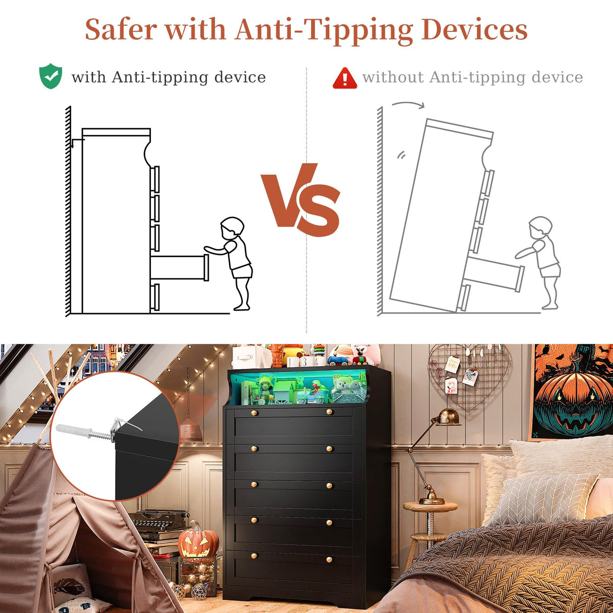 EnHomee Dresser, Black Dresser with LED, Bedroom Dressers & Chests of Drawers, Tall Dresser with 5 Wood Drawers, Black Dresser for Bedroom, 5 Drawer Dresser, Tall Dressers for Bedroom EnHomee