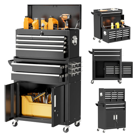 Bonusall 8 Drawer Rolling Tool Chest and Cabinet Combo,Heavy-Duty Metal Garage Tool Chest with Wheels and 2 Doors,2-in-1 Top Box and Roller Cabinet Combo for Garage, Workshop, Warehouse-Black Bonusall