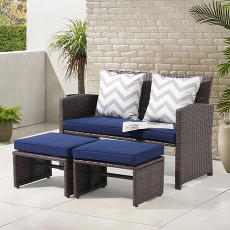 OC Orange-Casual Outdoor Loveseat 3 Piece Patio Furniture Set Outdoor Conversation Set All-Weather Wicker Love Seat with Ottoman/Side Table, Brown Rattan, Blue OC Orange-Casual