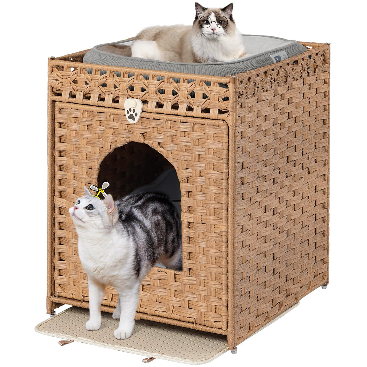 Snughome Cat Litter Box Enclosure Furniture Hidden with Cat Litter Mat, Hidden Cat Washroom Furniture with Door, Handwoven Rattan Cat Washroom Box, Indoor Pet House for Living Room, Bedroom(Natural) Snughome