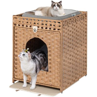 Snughome Cat Litter Box Enclosure Furniture Hidden with Cat Litter Mat, Hidden Cat Washroom Furniture with Door, Handwoven Rattan Cat Washroom Box, Indoor Pet House for Living Room, Bedroom(Natural)