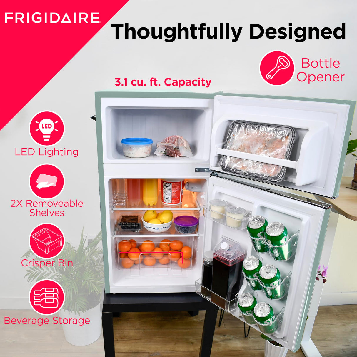 Frigidaire EFR840-MINT EFR840 Retro Mini Fridge with Freezer & Side Bottle Opener-Small 2 Door Refrigerator for Office Bar or College Dorm Room-3.2 Cu Ft – 19”"D x 20.5"W x 33.5"H (Mint) Frigidaire
