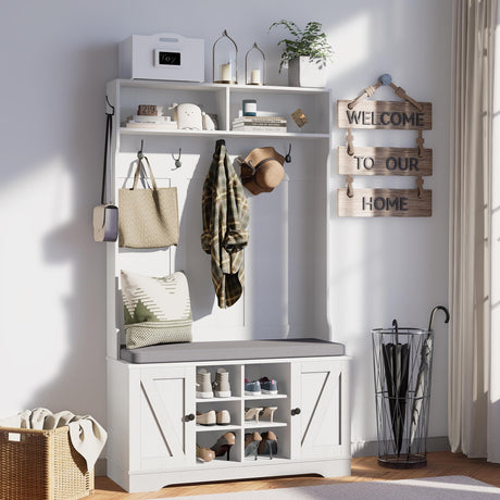 spanspace 71" Hall Tree with Bench and Shoe Storage, Entryway Hall Tree with 2 Doors and 6 Adjustable Shelves, Cushioned Mudroom Storage Bench with Coat Rack for Hallway and Living Room spanspace