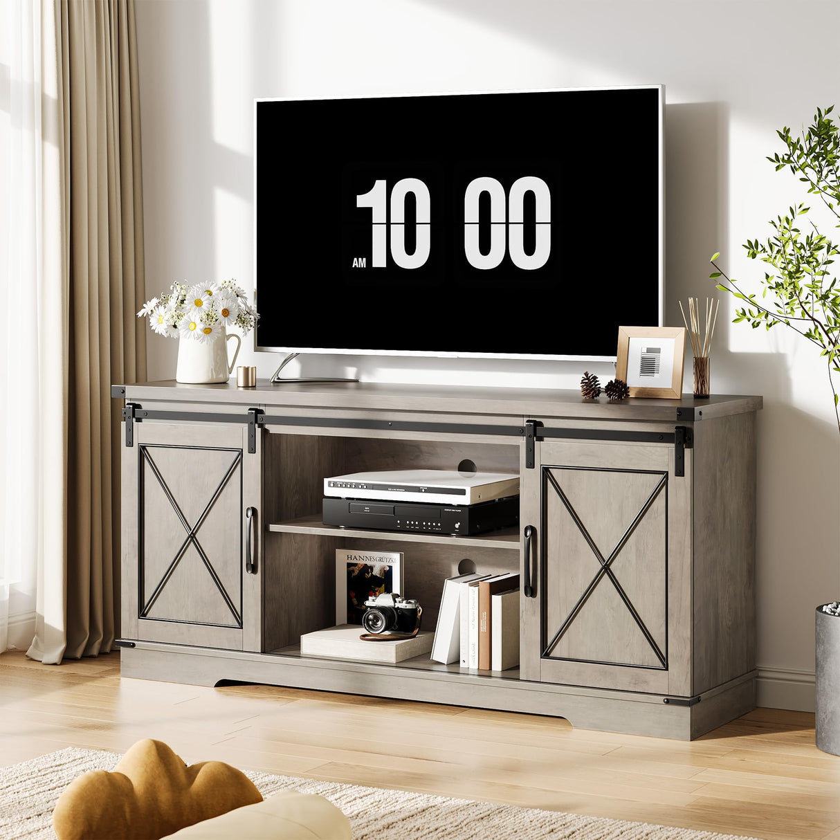 Farmhouse TV Stand for TVs Up to 65", Rustic Entertainment Center with Sliding Barn Doors, Storage Cabinets & Adjustable Shelf, Media Console for Living Room, Bedroom, Grey GAOMON