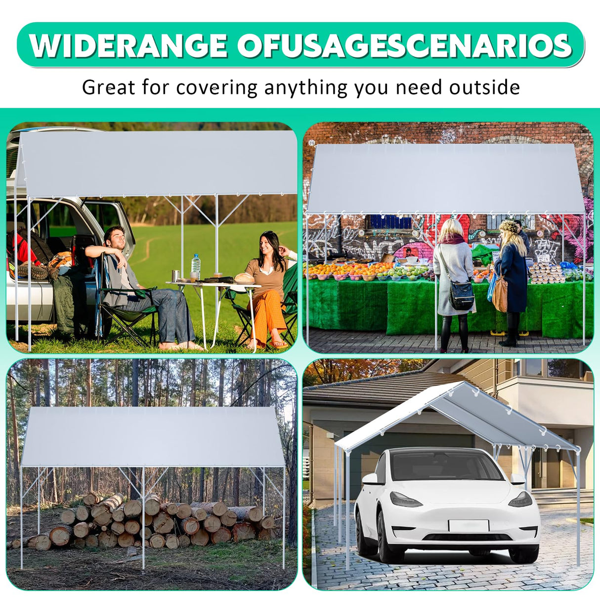 12 x 20 Ft Carport Replacement Canopy Cover Garage Top Tent Shelter Tarp,200G Heavy Duty Car Port Canopy Tent,Grey Waterproof & UV Protected Tarp with 52 Ball Bungees (Frame Not Include) ZAZTLL