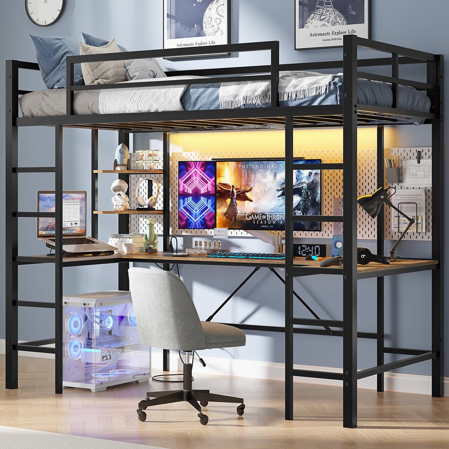 Hasuit Loft Bed with U-Shaped Desk, Charging Station &LED Lights, Metal LED Twin Loft Bed with Open Storage Shelves, Safety Guardrail & Double Ladder,No Box Spring Needed, Black Twin Size Loft Bed