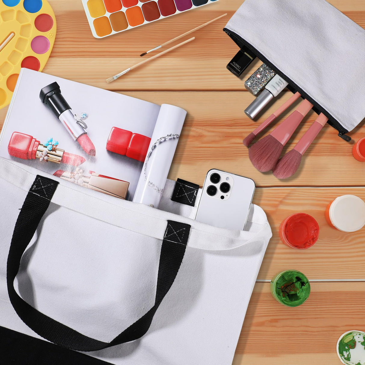 Wesiti 28 Piece Blank Canvas Tote Bag and Makeup Bag Bulk Plain Cotton Tote Bag with Handle Cosmetic Pouch with Zipper Reusable Grocery Bag for DIY Sublimation Embroidery Craft Wedding Christmas Gift Wesiti