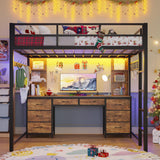 BTHFST Loft Bed with Desk, Full Metal Loft Bed with 8 Drawers Storage & Charging Station & LED Lights, 4 Open Storage Shelves, Noise-Free, Space-Saving, No Box Spring Needed BTHFST
