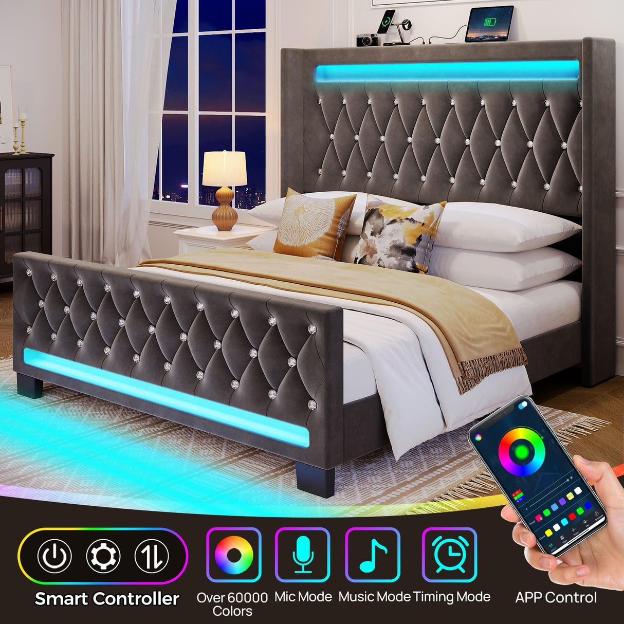 Rolanstar Queen Bed Frame with LED Light and Charging Station, Upholstered High Headboard and Footboard, Wood Slats, Noise Free, Easy Assembly, Grey Rolanstar