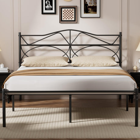 VECELO Queen Size Bed Frame, Metal Bed Platform with Headboard, Sturdy Steel Slats Support, No Box Spring Needed/Noise-Free,Easy Assembly, Black VECELO