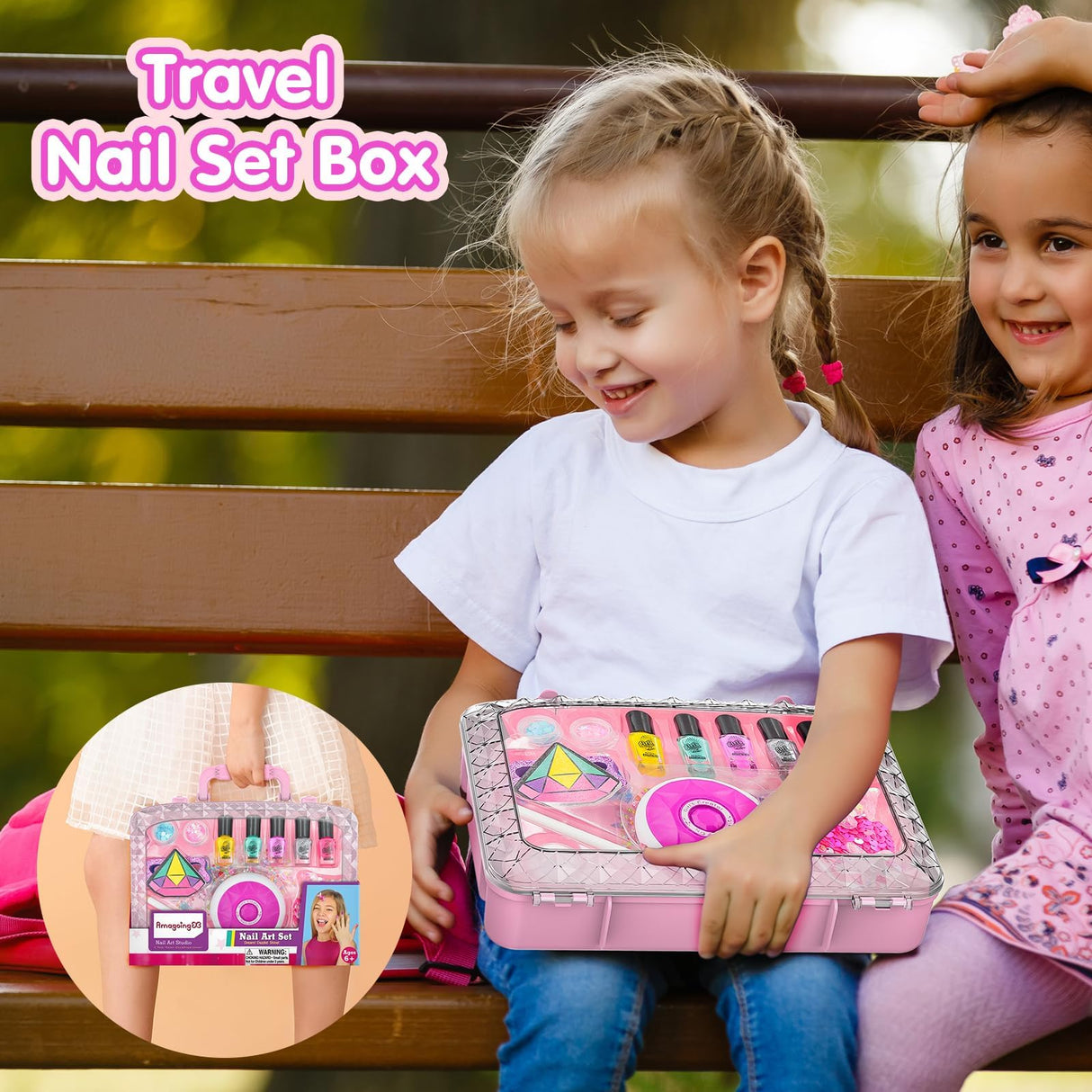 Amagoing Kids Nail Polish Set for Girls, All-in-One Nail Art Kit with Storage Box Ages 6-8, Non Toxic Nail Polish, Nail Dryer, Mermaid Hair Clip, Little Girl Toys Birthday Gift for 5 6 7 8 Years Old Amagoing