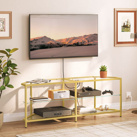 HOOBRO Corner TV Stand with Power Outlet for TVs up to 60", Modern 55" Corner TV Console Table with Open Shelves, Tempered Glass Media Entertainment Center for Living Room, Bedroom, Gold GD143UDS01 HOOBRO