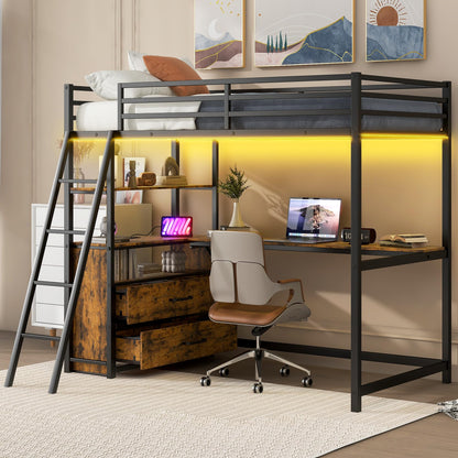 Harper & Bright Designs Metal Twin Loft Bed with Desk, LED Light & Storage Shelves,Heavy Duty Steel Loft Bed with 2 Built-in Drawers,Juniors Loft Bed Frame for Small Space,No Box Spring Needed,Black