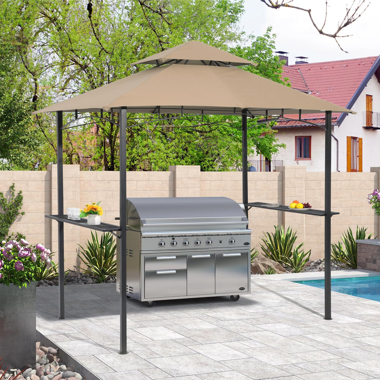 COBANA Grill Gazebo 8’x 5’ Outdoor Patio Backyard BBQ Grill Shelter Double Tiered Soft Canopy Top with Steel Frame and Bar Counters, Beige COBANA