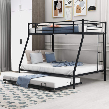 Twin Over Full Bunk Beds with Trundle, Metal Trundle Bed Frame with Safety Rails and Ladder for Bedroom, Black Flieks