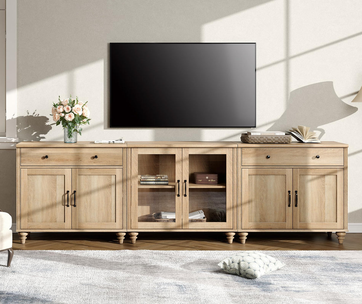 WAMPAT Farmhouse TV Stand for 100 Inch TV, 3-in-1 TV Console Table for 75/80/85/90 Inch TV, Entertainment Center with Glass & Wood Door, Kitchen Sideboard Buffet Cabinet for Dining Room, Oak WAMPAT