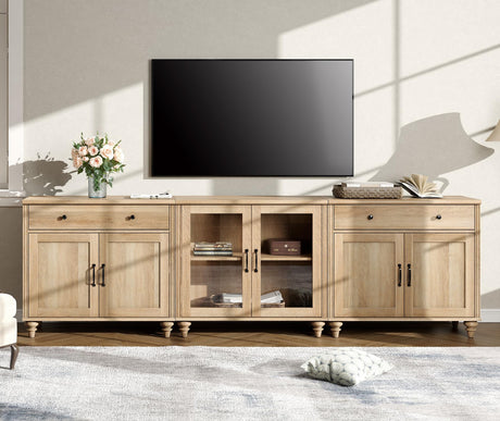 WAMPAT Farmhouse TV Stand for 100 Inch TV, 3-in-1 TV Console Table for 75/80/85/90 Inch TV, Entertainment Center with Glass & Wood Door, Kitchen Sideboard Buffet Cabinet for Dining Room, Oak WAMPAT
