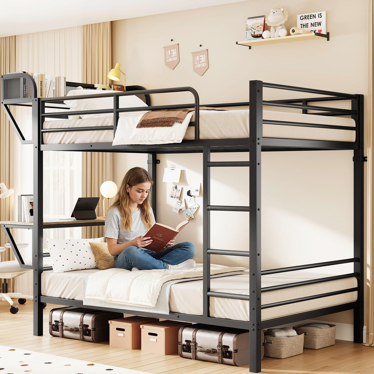 Bunk Bed Twin Over Twin, Metal Bunk Beds with Power Outlets & Desk, Heavy-Duty Bunkbeds Frame with Safety Guardrail & Ladders, Upper Bed with Storage Rack, No Box Spring Needed, for Juniors, Black ONBRILL