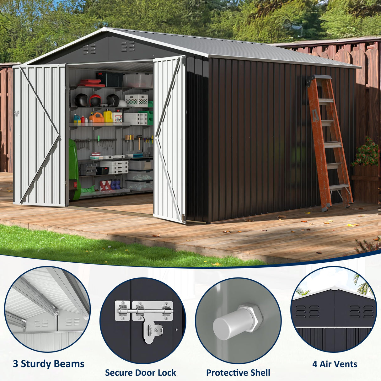 AirWire 10x10 FT Outdoor Storage Shed, Garden Shed with Updated Frame Structure and Lockable Doors, Metal Tool Sheds for Backyard Garden Patio Lawn, Grey AirWire