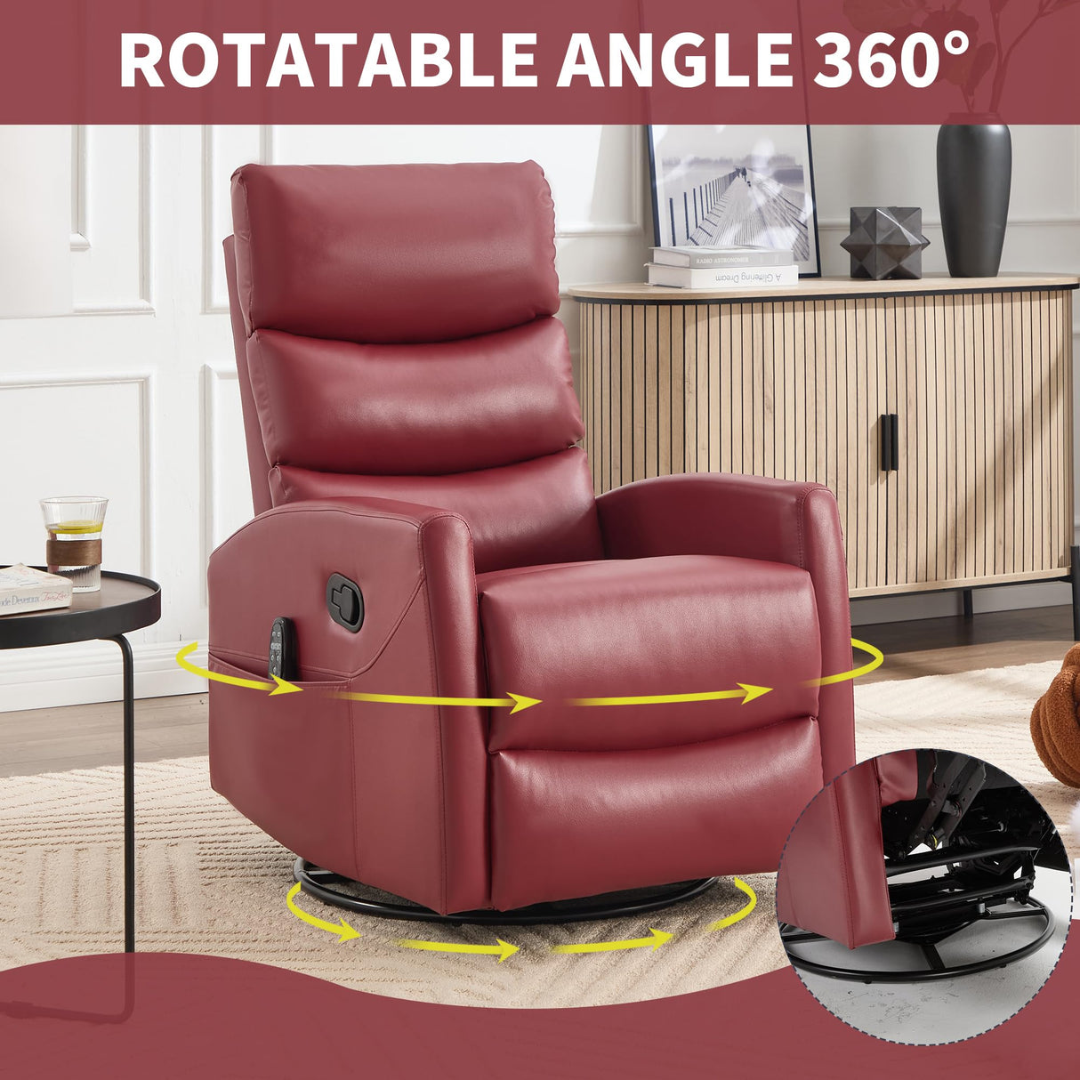 PELUMY Manual Recliner Chair with Heat & Vibration Massage, 360° Swivel Rocker Recliner with 155° Recline and Lumbar Heat, Compact Recliner for Living Room & Small Spaces (Breathable Leather, Red) PELUMY