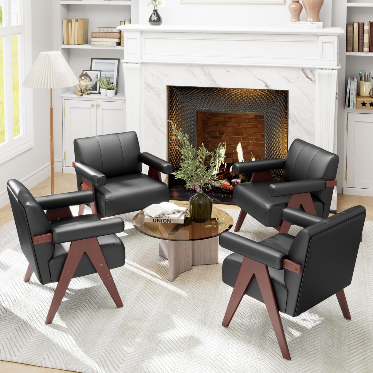 STHOUYN Black Leather Accent Chairs Set of 2, Mid Century Modern Accent Chair, Side Arm Chairs for Living Room, Office Guest Waiting Room Chairs (2, Black) STHOUYN