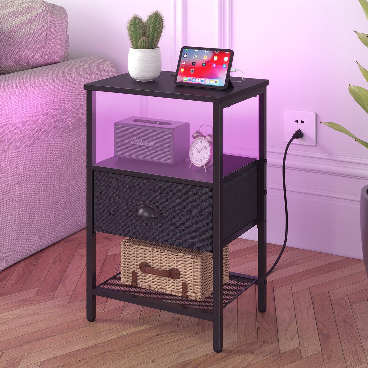 Sthmec Nightstands Set of 2, LED Bedside Tables with Charging Station and Fabric Drawer, Night Stand with Storage, 3 Tier Side Table with Open Shelf for Living Room, Bedroom, Black Generic