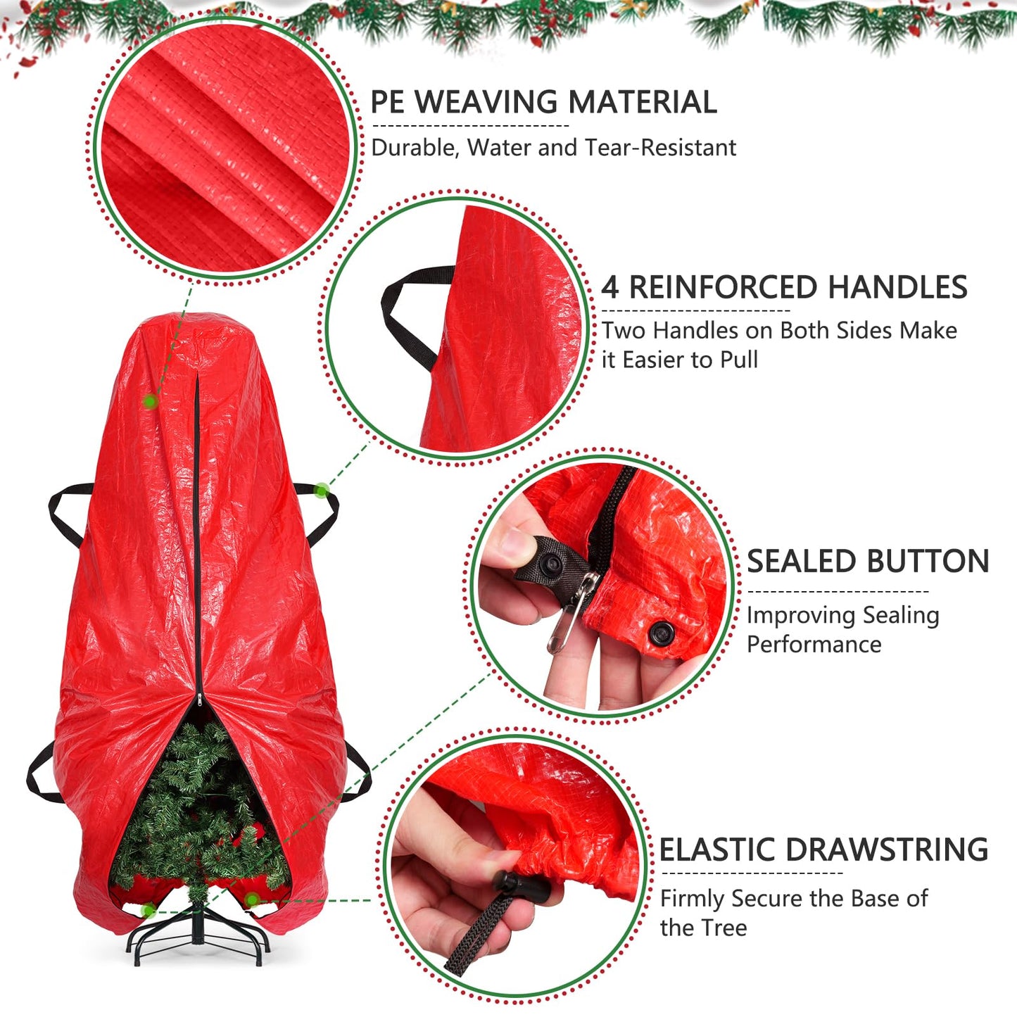 BALEINE Upright Christmas Tree Storage Bag, 7.5 ft Tear Resistant PE Material Christmas Tree Bag with 4 Reinforced Handles for Xmas Holiday (Red)