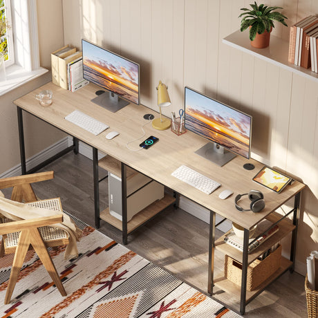 Bestier L Shaped Desk with Shelves 86.6 Inch Reversible Corner Computer Desk or 2 Person Long Table for Home Office Large Gaming Writing Storage Workstation P2 Board with 3 Cable Holes, Oak Bestier