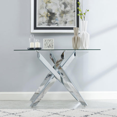 Modern Style Console Table Narrow Sofa Table with Tempered Glass Top and Metal Tubular Legs, 45" Lx18 Wx30 H, Silver Edwin's Choice