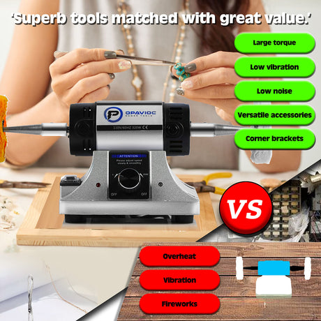 OPAVIOC Jewelry Polisher - Adjustable Variable Speed Bench Grinder Polishing & Buffing Machine, Dental Buffer & Lathe - Includes 2 Cotton Buffs, 2 Abrasive Fiber Wheels, Safety Glass, Polish Compound OPAVIOC