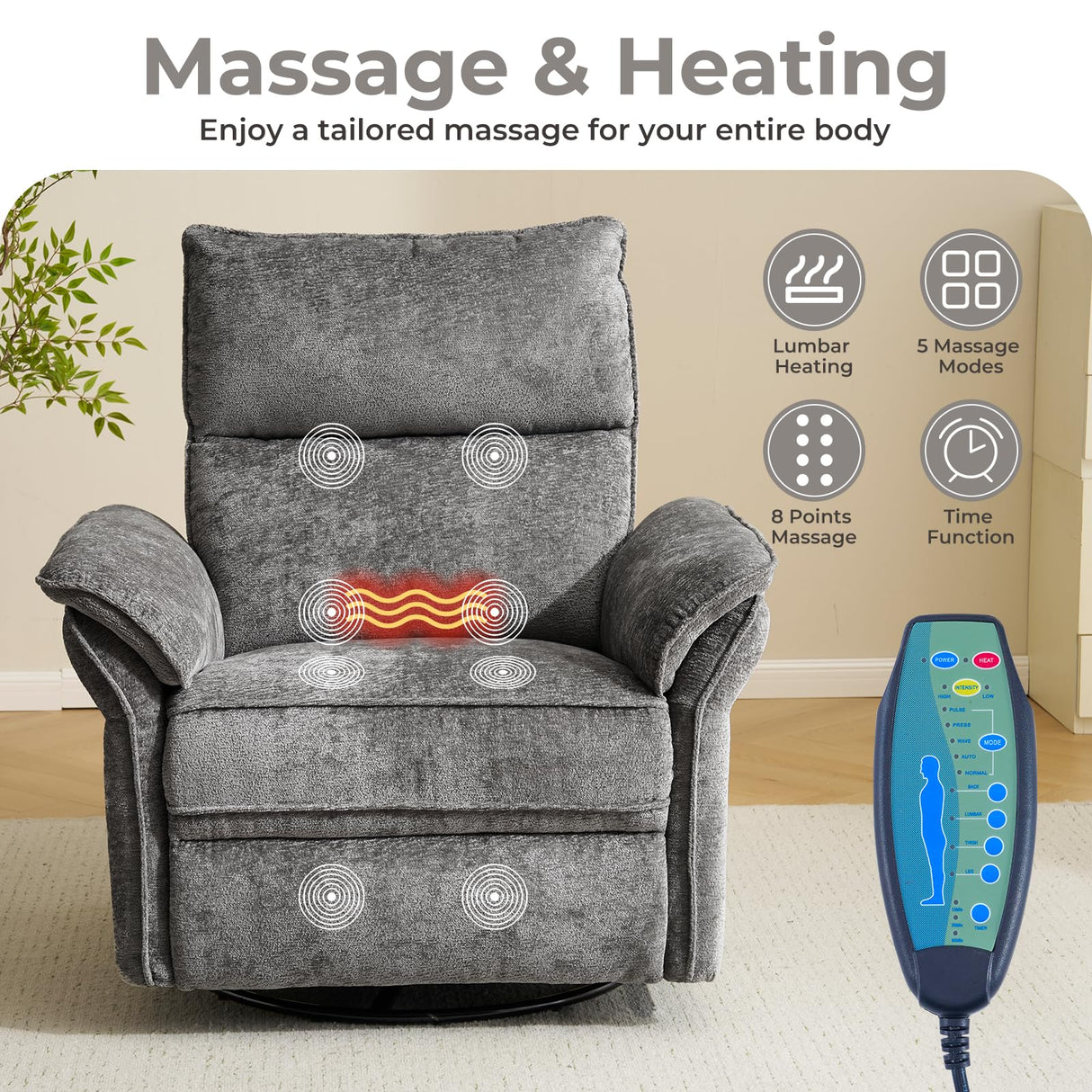 Rhevoy Oversized Power Recliner Chair Swivel Glider with Massage and Heat, Rocker Nursery Recliner for Adults with Adjustable Headrest, 26" Extra Wide Nursery Chair with Overstuffed Armrest, Dark Grey Rhevoy