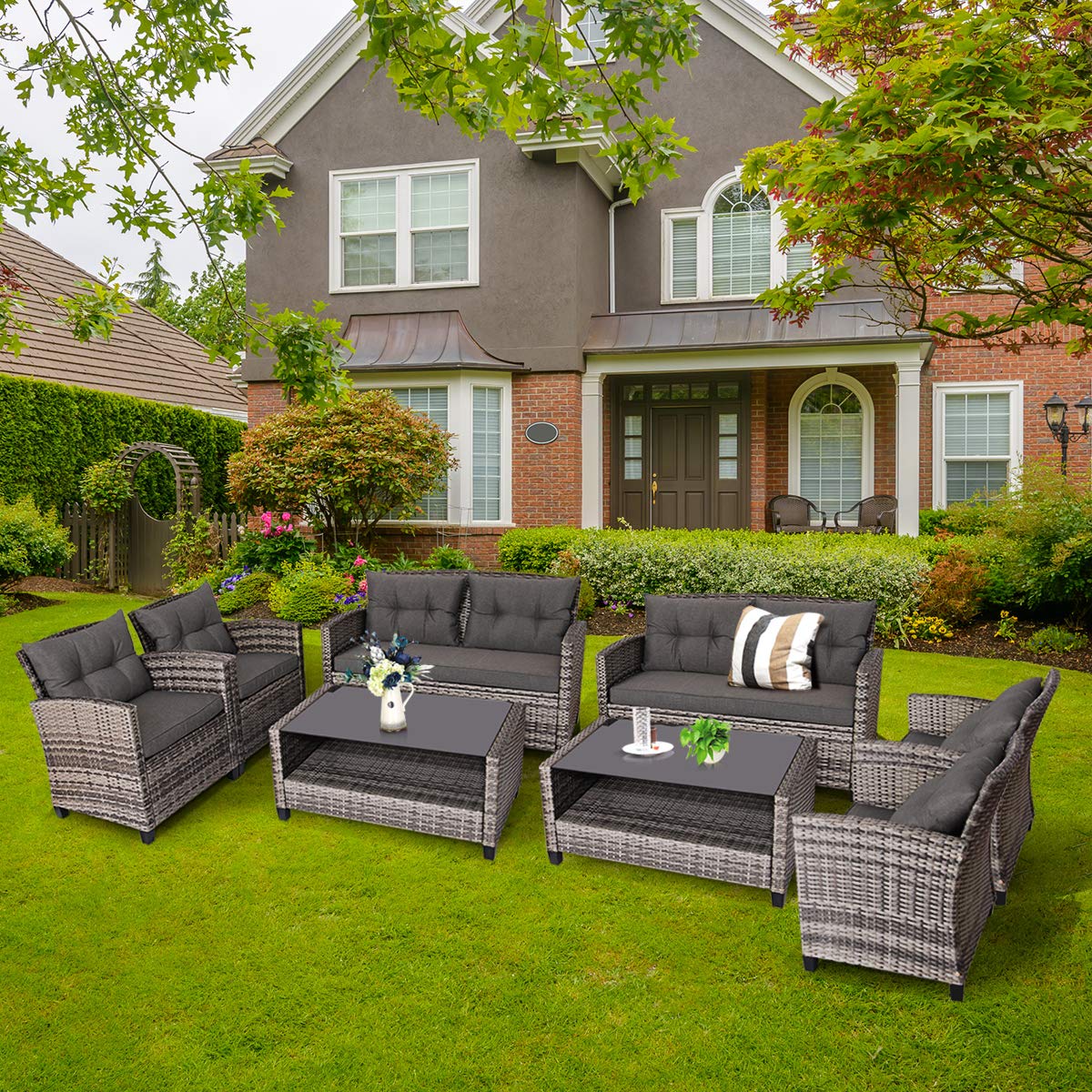 COSTWAY 8PCS Patio Rattan Furniture Set Coffee Table Cushioned Sofa Garden Lawn Gray - WoodArtSupply