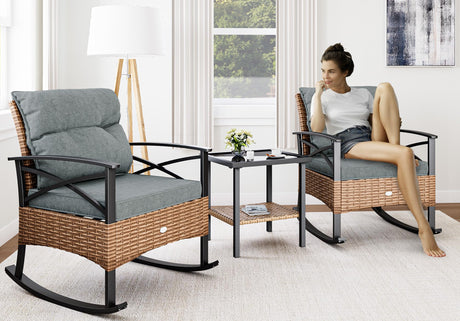 YITAHOME 3-Piece Outdoor Rocking Chair Bistro Set, Patio Wicker Rocking Chair Conversation Set with Glass Coffee Table & Soft Cushions for Balcony, Lawn and Porch Poolside (Light Brown+Gray) YITAHOME