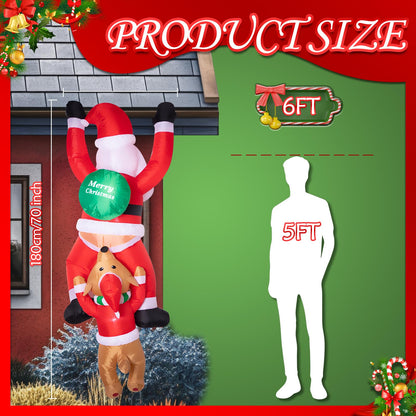 MAOYUE 6Ft Hanging Christmas Inflatables Outdoor Decorations Climbing Santa with Dog Blow Up Yard Decor with Build-in LEDs Funny Christmas Inflatable for Garden Roof Window Eaves