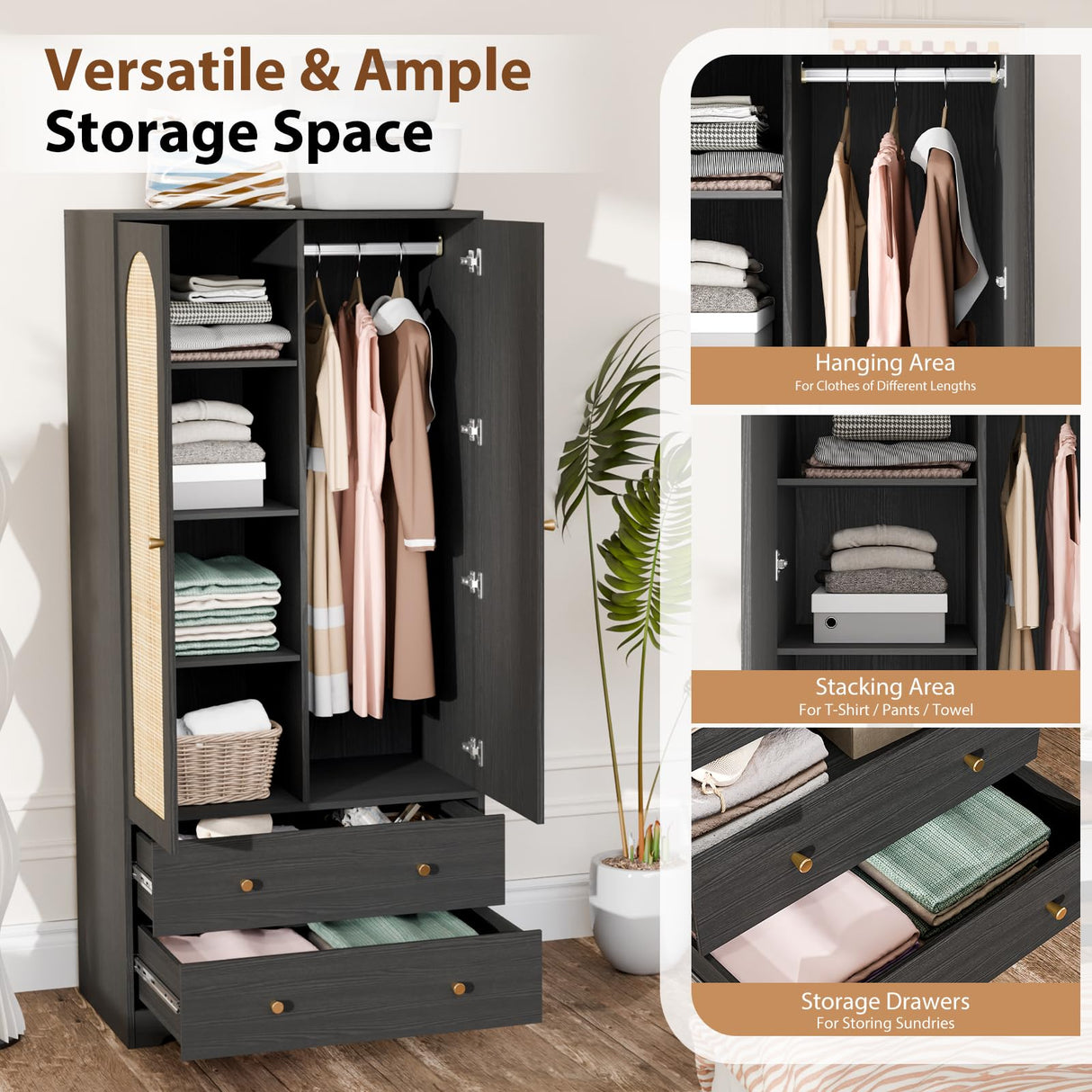 VINGLI Wardrobe Closet with Doors, Rattan Armoire Closet with Drawers & Hanging Rod, Armoire with Shelves, Wooden Wardrobe for Hanging Clothes, Black, 68.9" H VINGLI