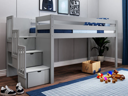 JACKPOT! Contemporary Low Loft Twin Bed with a 3 Drawer Stairway, Gray with Blue & White Tent