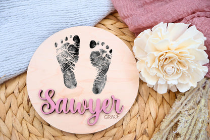 Baby Name Announcement Disc, Custom Newborn Baby Name Hospital Photo Prop, 30 Colors, Personalized Welcome New Baby Name Sign For Hospital - WoodArtSupply