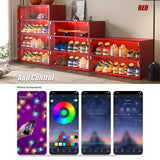 FUQIAOTEC LED Shoe Storage Box, 2-Tier Red Wood Stackable Shoe Box with Clear Door and App Control, Display Sneakers Organizer Box with USB Interface and Music Playback FUQIAOTEC