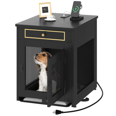 DWVO Dog Kennel Furniture with Dual USB Charger, Dog Crate End Table with Tray, Wooden Dog Crate Furniture with Cushion for Small Dogs, Black DWVO
