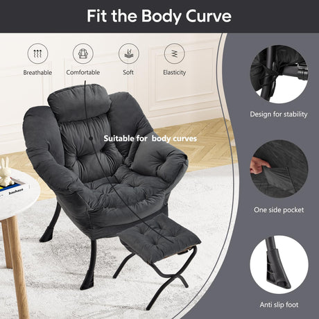 Congermom Lazy Chair with Folding Ottoman Modern Large Accent Chair,Contemporary Lounge Leisure Sofa Chair with Armrests Upholstered Sofa Armchair Reading Chair for Bedroom,Dorm & Office (Dark Grey-f) Congermom
