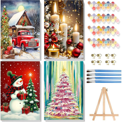 4 Pack Paint by Numbers Kit for Adults - Wooden Easel, Christmas Paint by Numbers with Frame, Christmas Adult Painting by Number Kits on Canvas, Easy Oil Painting Arts Gift Wall Decor 8x12inch