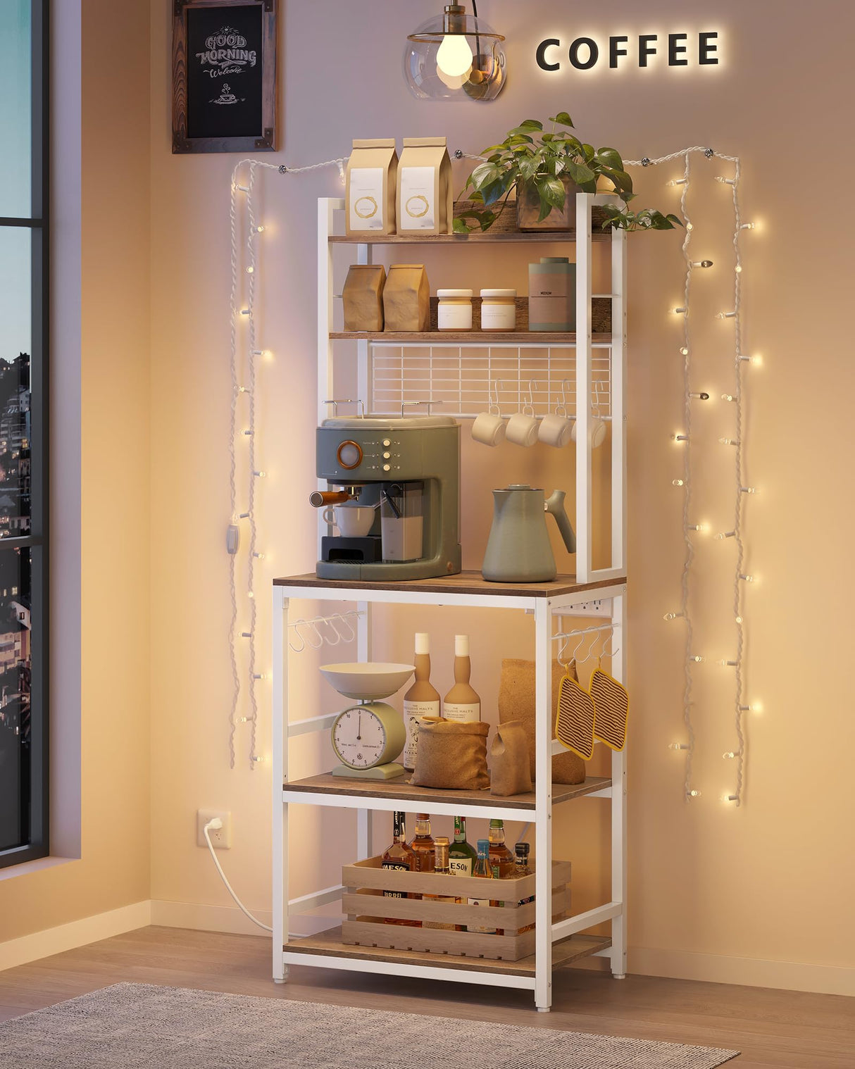 VASAGLE Hutch Bakers Rack with Power Outlet, 14 Hooks Microwave Stand, Adjustable Coffee Bar with Metal Wire Panel, Kitchen Storage Shelf, 15.7 x 23.6 x 66.9 Inches, Rustic Walnut and White UKKS037W41 VASAGLE