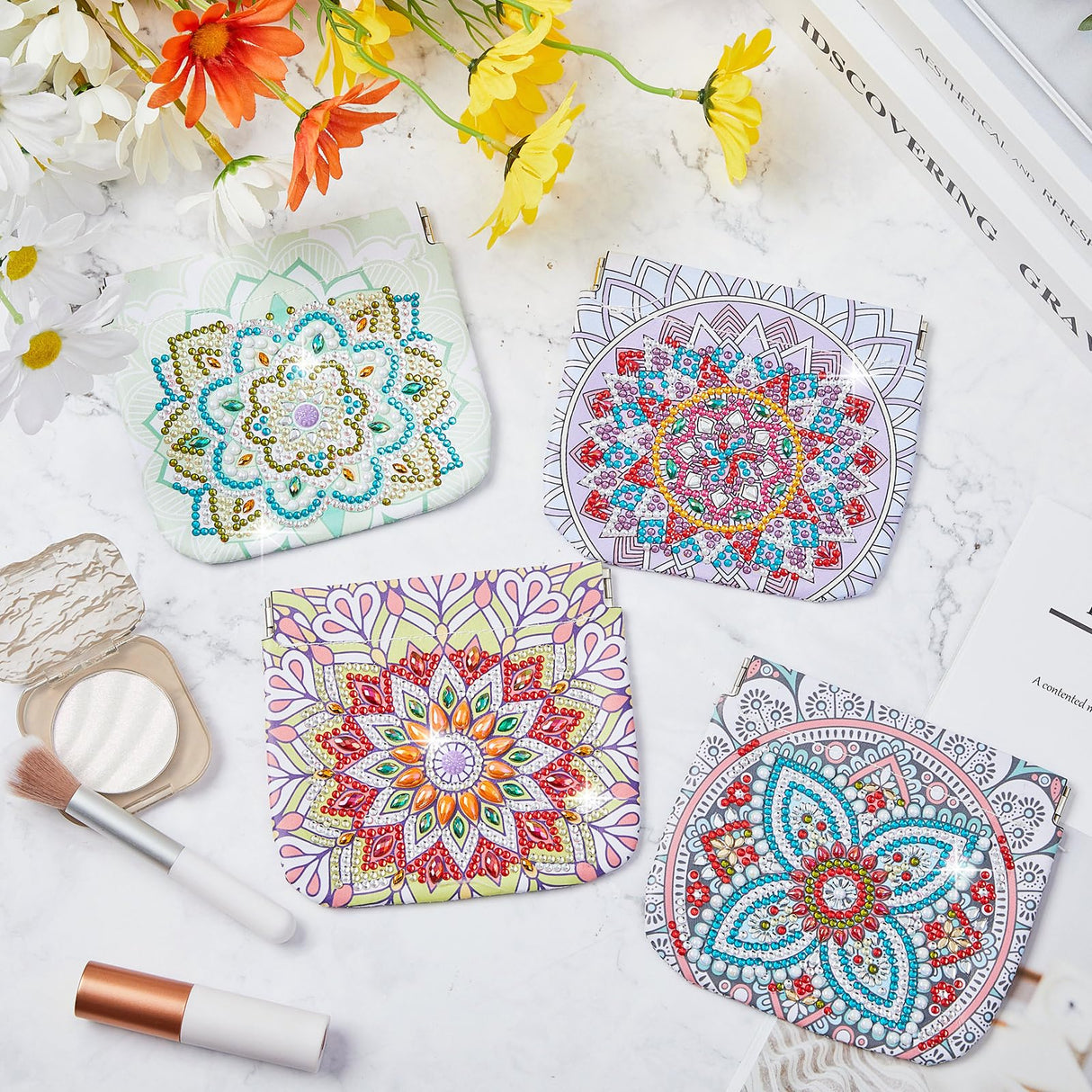 Sanwuta 8 Pcs Mandala DIY Diamond Painting Coin Purse Holder Makeup Bags Bulk Cosmetic Wallet Diamond Painting Kits Pocket Sanwuta
