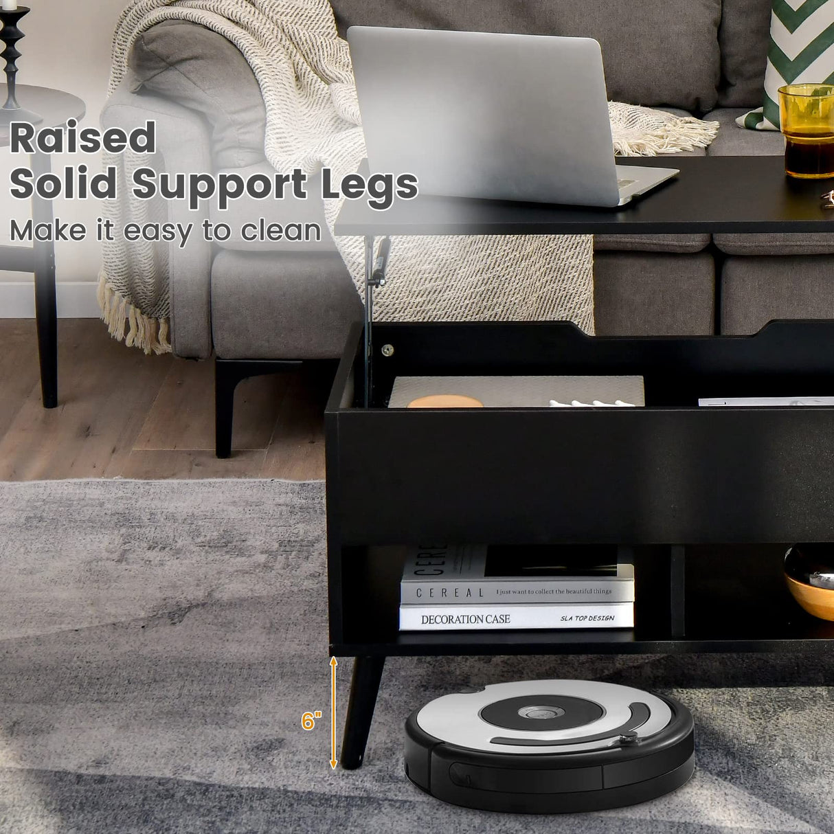 Giantex Lift Top Coffee Table, Modern Cocktail Table w/Hidden Compartment & 2 Open Shelves, Flip Top Center Table, Wooden Pull up Coffee Table for Living Room, Reception Room, Office (Black) Giantex