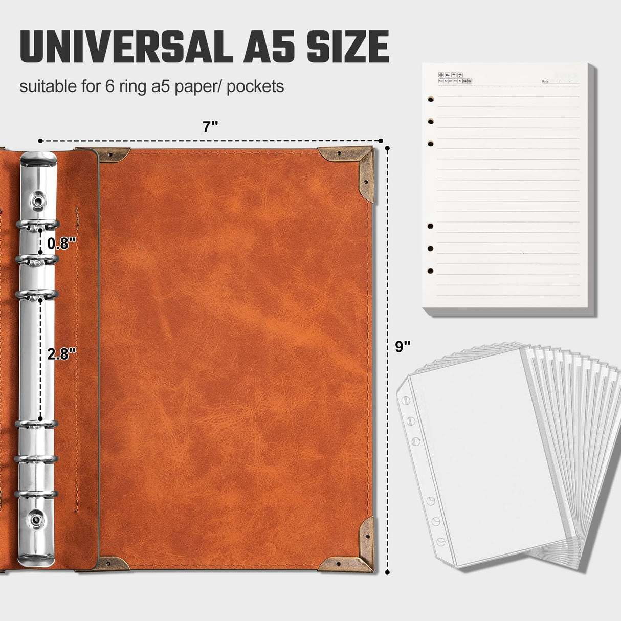 Ovesmusl PU Leather A5 Binder 6 Ring Refillable Journal Cover No Refill Paper A5 Planner Binder Loose Leaf Binder Notebook 5.7”x8.3” with Elastic Closure, Brown Tree Ovesmusl