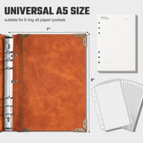 Ovesmusl PU Leather A5 Binder 6 Ring Refillable Journal Cover No Refill Paper A5 Planner Binder Loose Leaf Binder Notebook 5.7”x8.3” with Elastic Closure, Brown Tree Ovesmusl