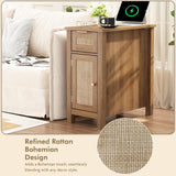 Narrow End Table with Charging Station - Midcentury Rattan Slim Side Table with USB Ports and Power Outlets, Nightstand with Flip Top and Storage Drawer, for Small Spaces Living Room Bedroom, Set of 2 WINWY