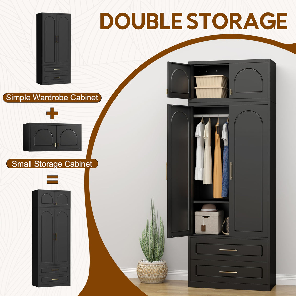 UNICOLY 86" Wardrobe with Drawers, 71'' Armoire Wardrobe Closet with 15" Cabinet, Metal Clothes Storage Cabinet with Hanging Rod, for Bedroom School, Employee, Gym, Assembly Required, Black UNICOLY